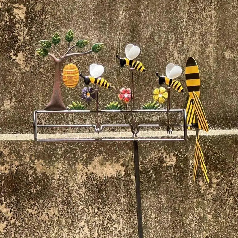 Bee Windmill Metal Lawn Ornament Three Little Bees Outdoor Yard Art Stake