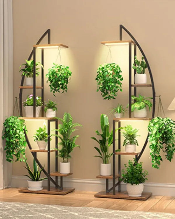 Tall Plant Stand Indoor w/ Grow Light, 7 Tiered Metal for Plants Multiple, Large Holder Display Shelf, Half-Moon Shape Rack