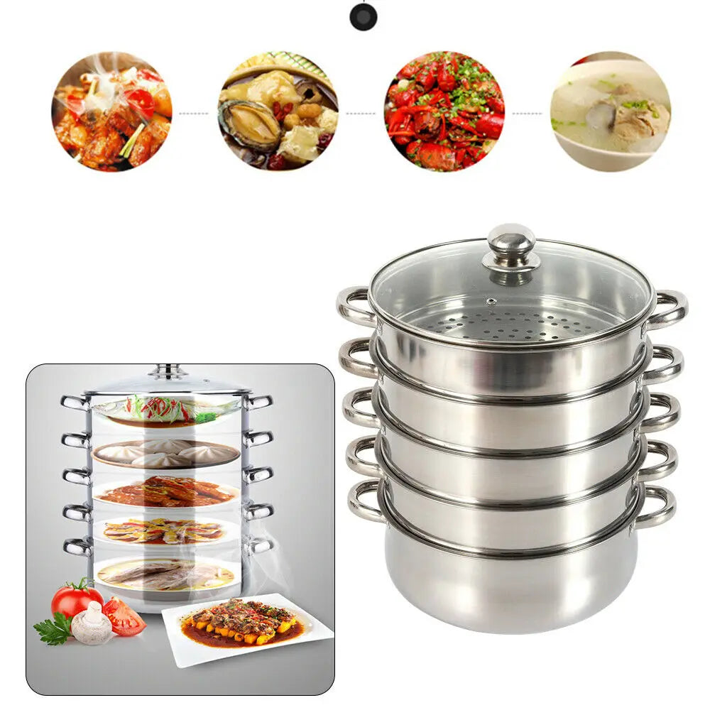 30CM 5 Tier Cook Food Veg Pot Large Stainless Steel Steam Cooker Steamer Kitchen