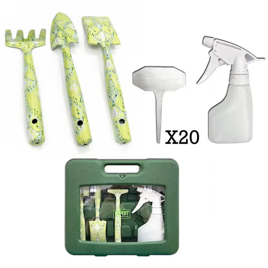 Green Indoor Gardening Tool Set with Case 24 Pieces Stainless Steel Plant Markers Ikat Pattern Transplant Flowers Break Up Soil