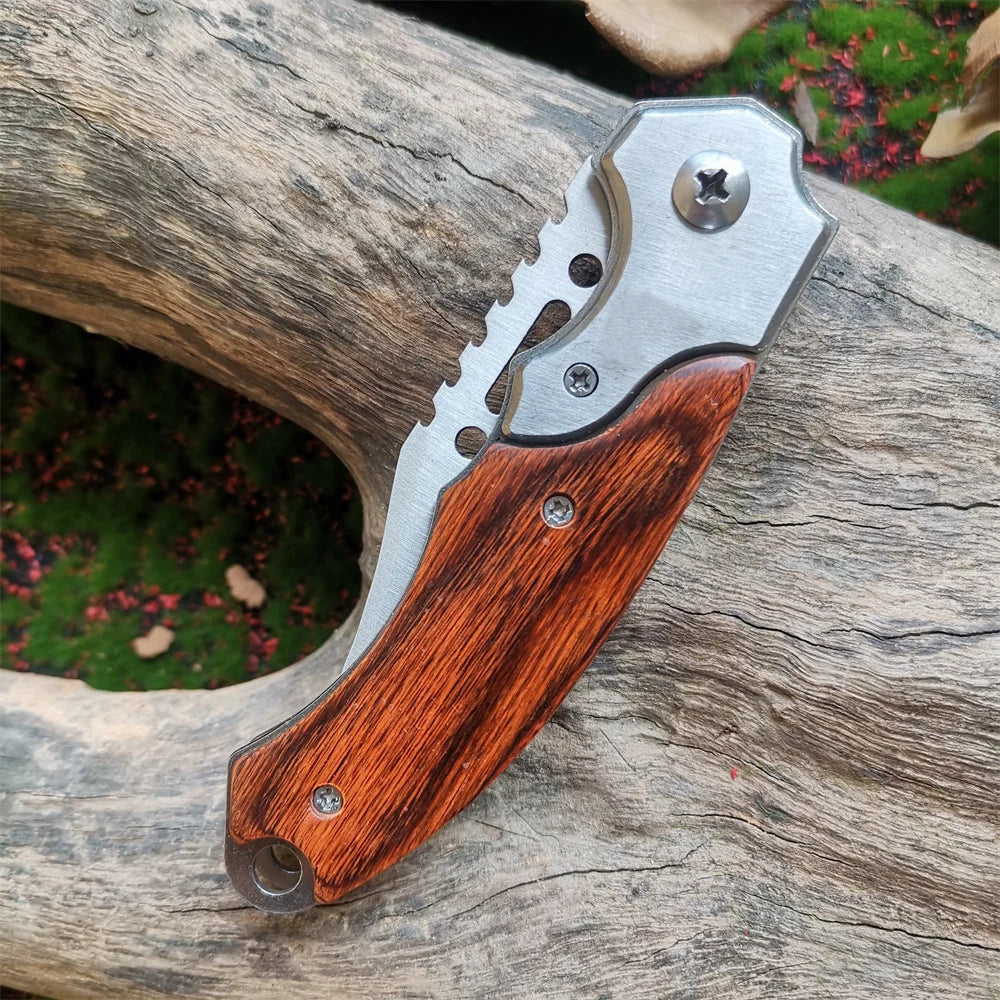 Tactical Folding Pocket Knife with Wood Handle - EDC Camping Survival Tool with LED Light - Multifunctional Self-defense knives