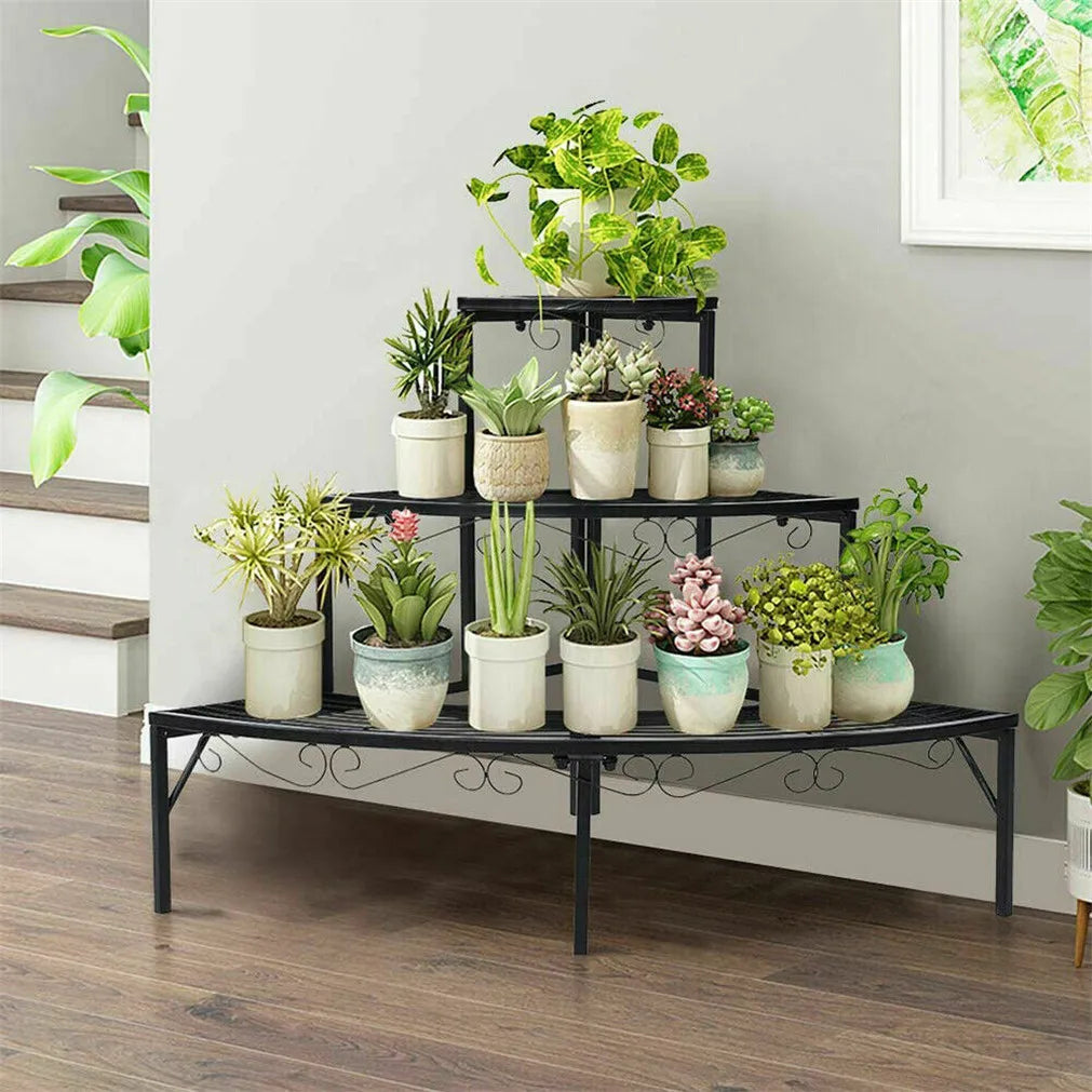 Outdoor Indoor Pot Plant Stand Garden Metal 3 Tier Quarter Round Planter Corner Shelf Display Holder