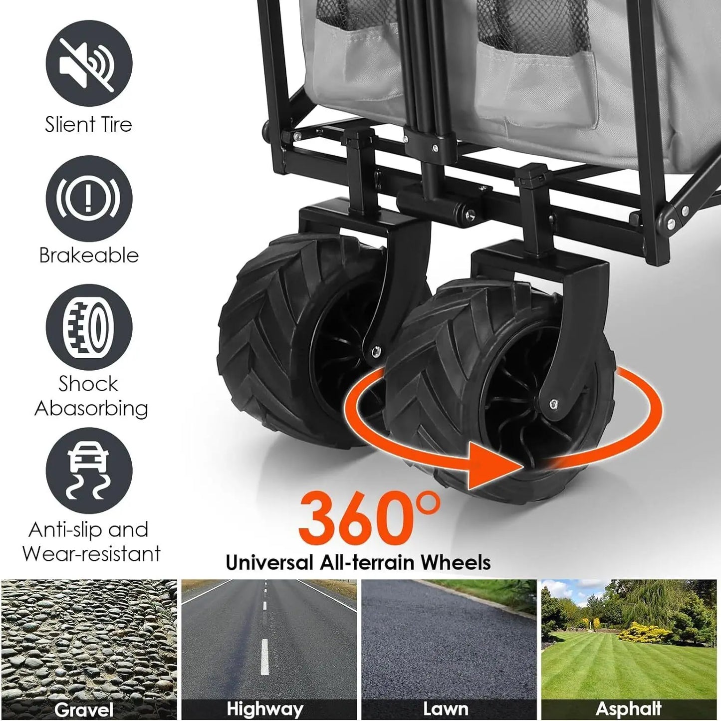 262L Collapsible Garden Cart Wagon with Removable Canopy, 115kg Capacity Push& Pull Utility Cart Off-road wheel