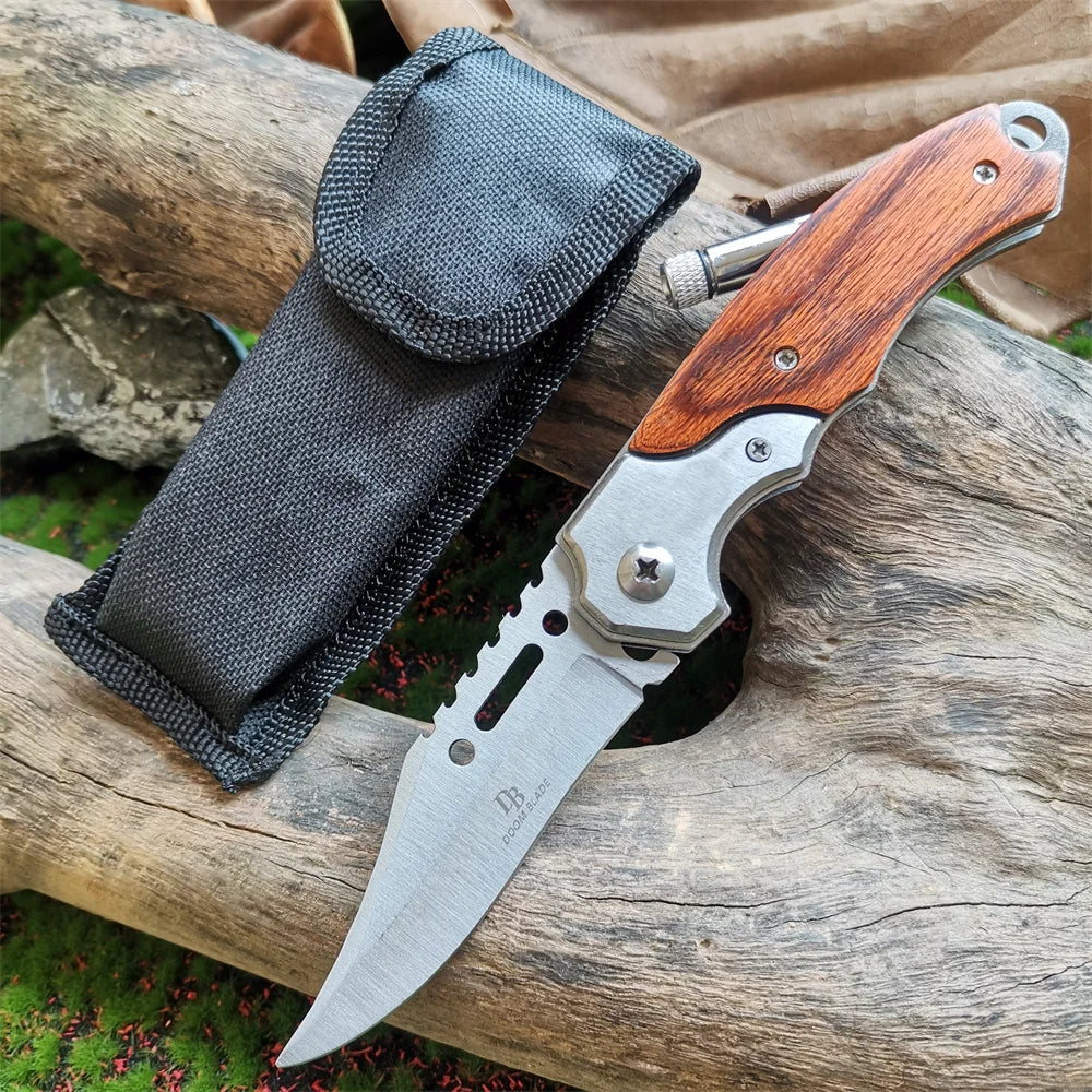 Tactical Folding Pocket Knife with Wood Handle - EDC Camping Survival Tool with LED Light - Multifunctional Self-defense knives