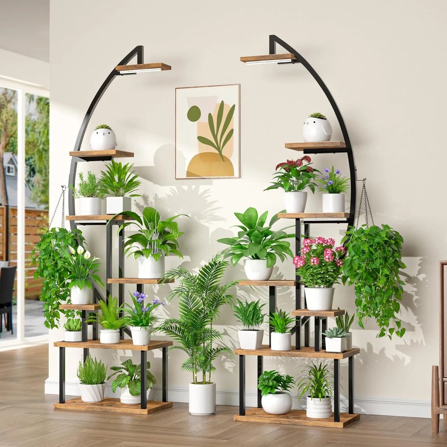 Tall Plant Stand Indoor w/ Grow Light, 7 Tiered Metal for Plants Multiple, Large Holder Display Shelf, Half-Moon Shape Rack