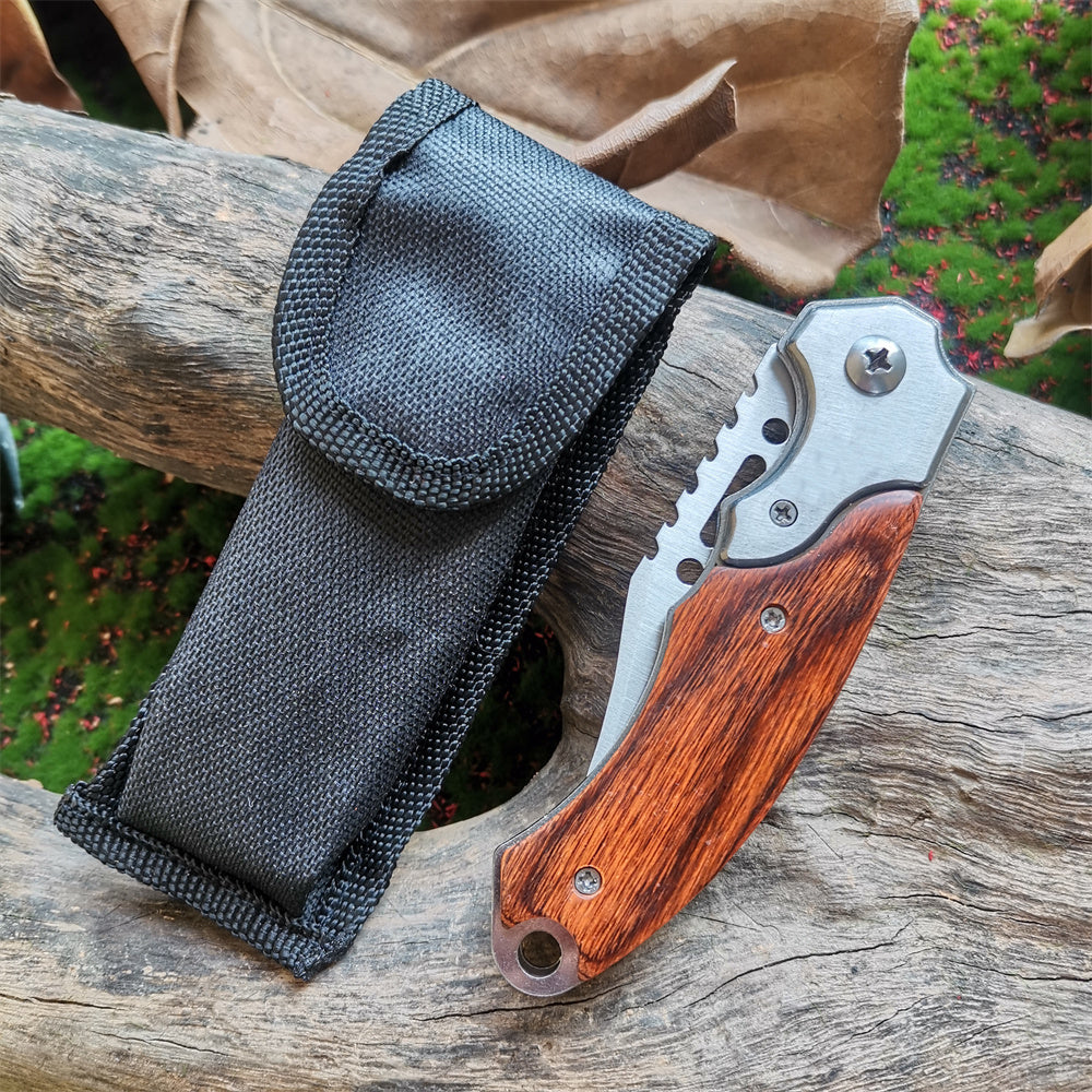 Tactical Folding Pocket Knife with Wood Handle - EDC Camping Survival Tool with LED Light - Multifunctional Self-defense knives