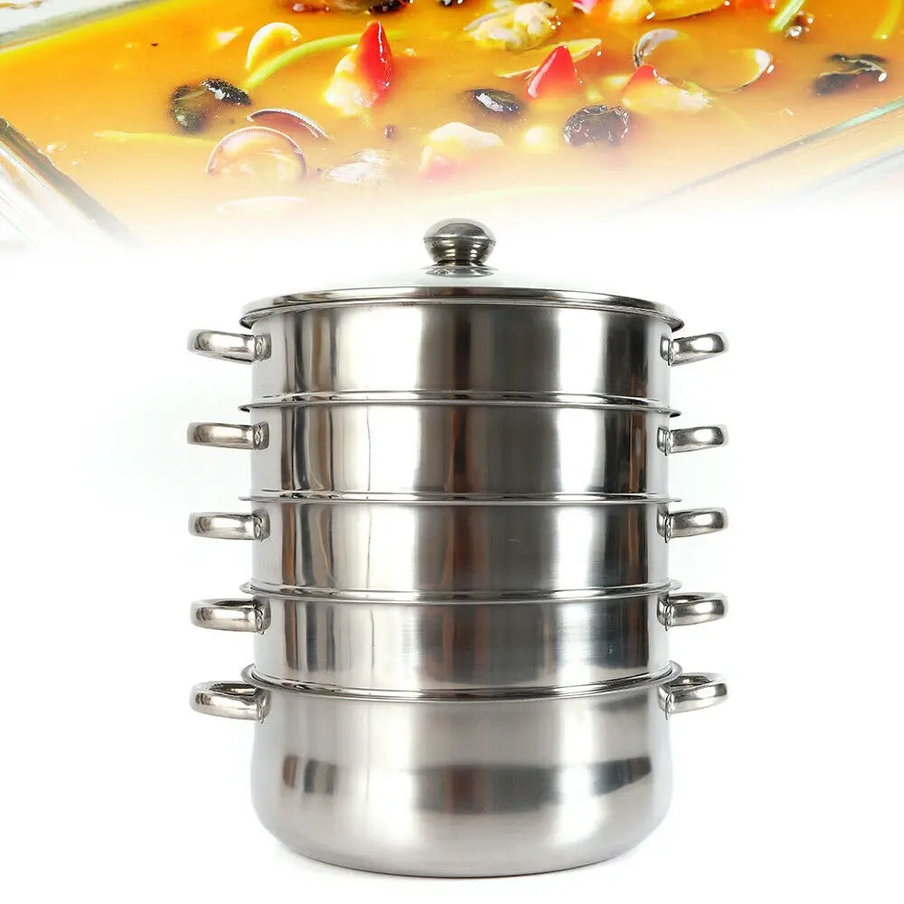 30CM 5 Tier Cook Food Veg Pot Large Stainless Steel Steam Cooker Steamer Kitchen