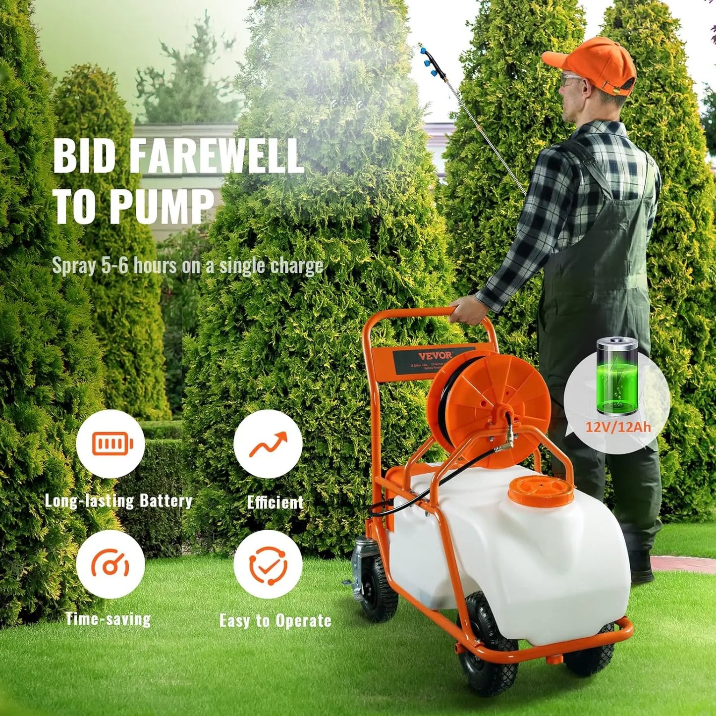 Battery Powered 15 Gallon Garden Weed Sprayer with Wheeled Cart 126FT Hose with Reel 8 Nozzles 2 Wands with Lock Trigger