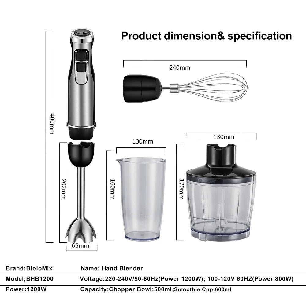 BioloMix 4 in 1 High Power 1200W Immersion Hand Stick Blender Mixer Includes Chopper and Smoothie Cup Stainless Steel Ice Blades