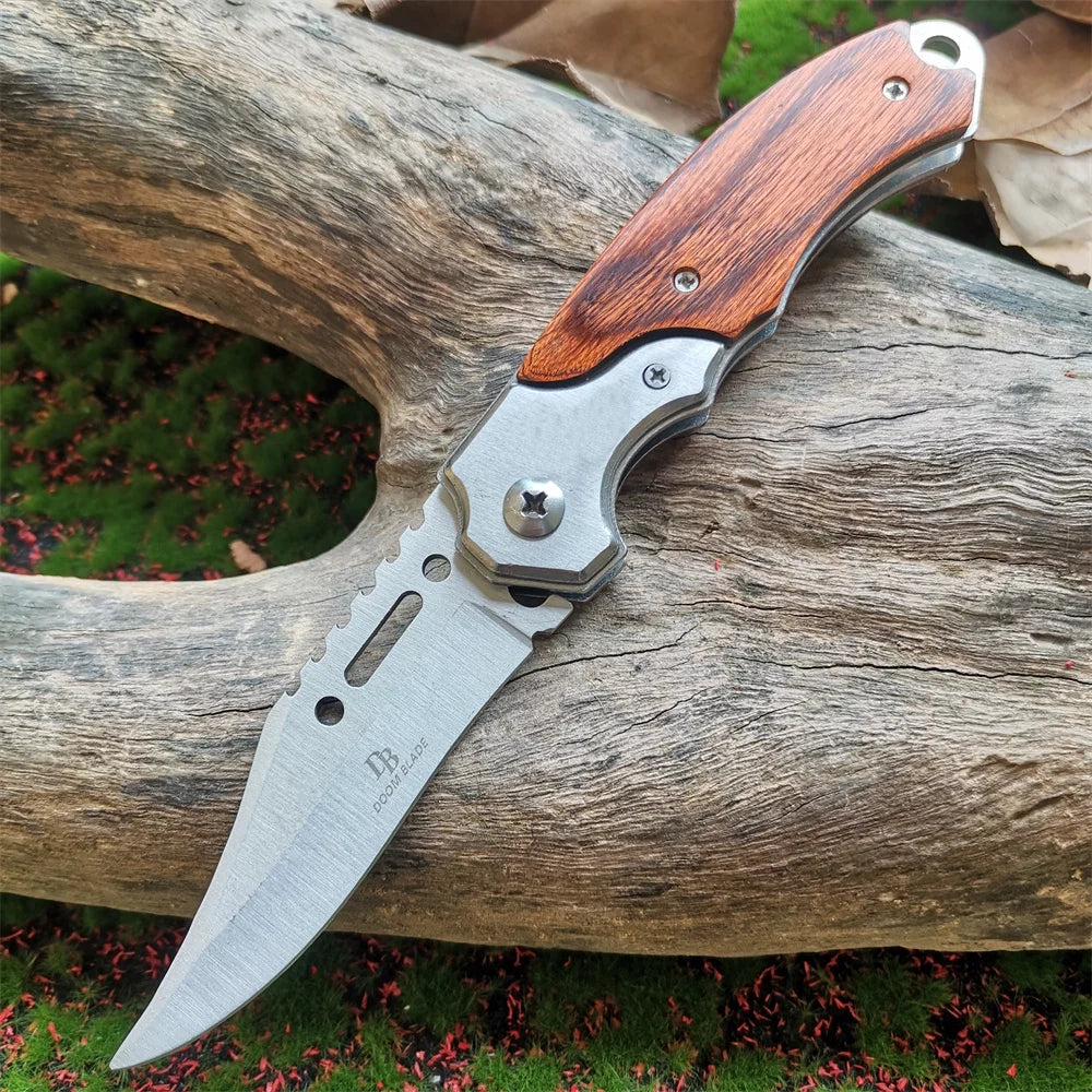 Tactical Folding Pocket Knife with Wood Handle - EDC Camping Survival Tool with LED Light - Multifunctional Self-defense knives