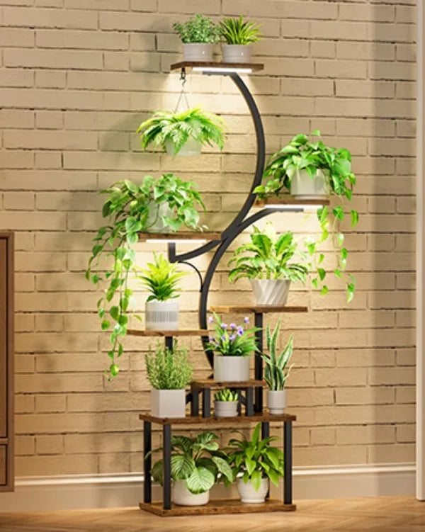 Tall Plant Stand Indoor w/ Grow Light, 7 Tiered Metal for Plants Multiple, Large Holder Display Shelf, Half-Moon Shape Rack