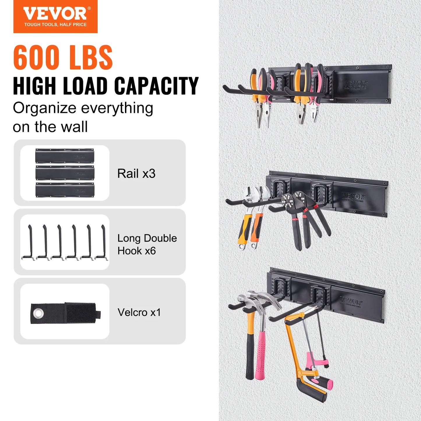 Garage Tool Organizer Wall Mount Yard Garden Heavy Duty Storage Rack with Adjustable Hooks Rails for Shovels Trimmers Hose