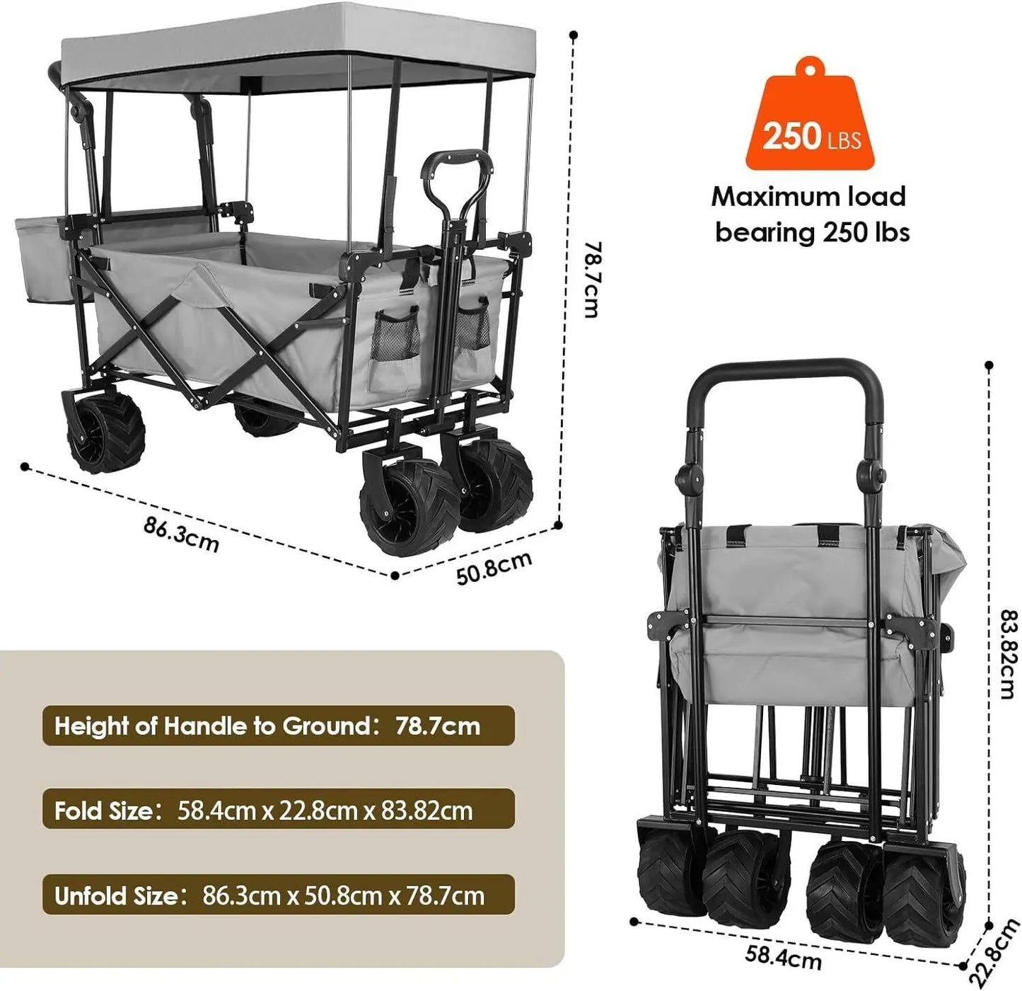 262L Collapsible Garden Cart Wagon with Removable Canopy, 115kg Capacity Push& Pull Utility Cart Off-road wheel