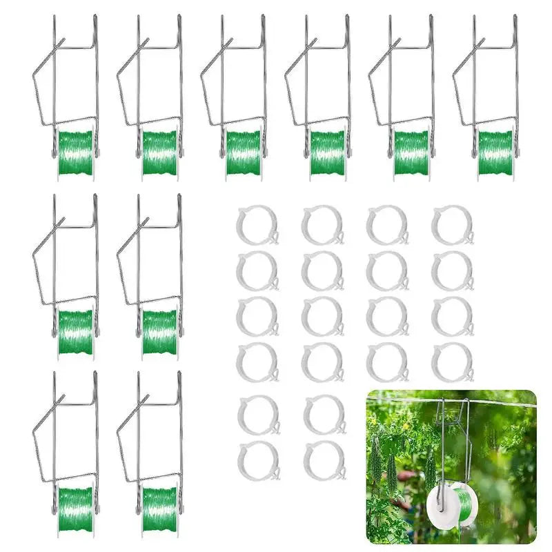 10pcs Planting Tomato Hooks Twine Roller Greenhouse Vegetable Support Clips Greenhouse Trellising Kit With 15m Rope