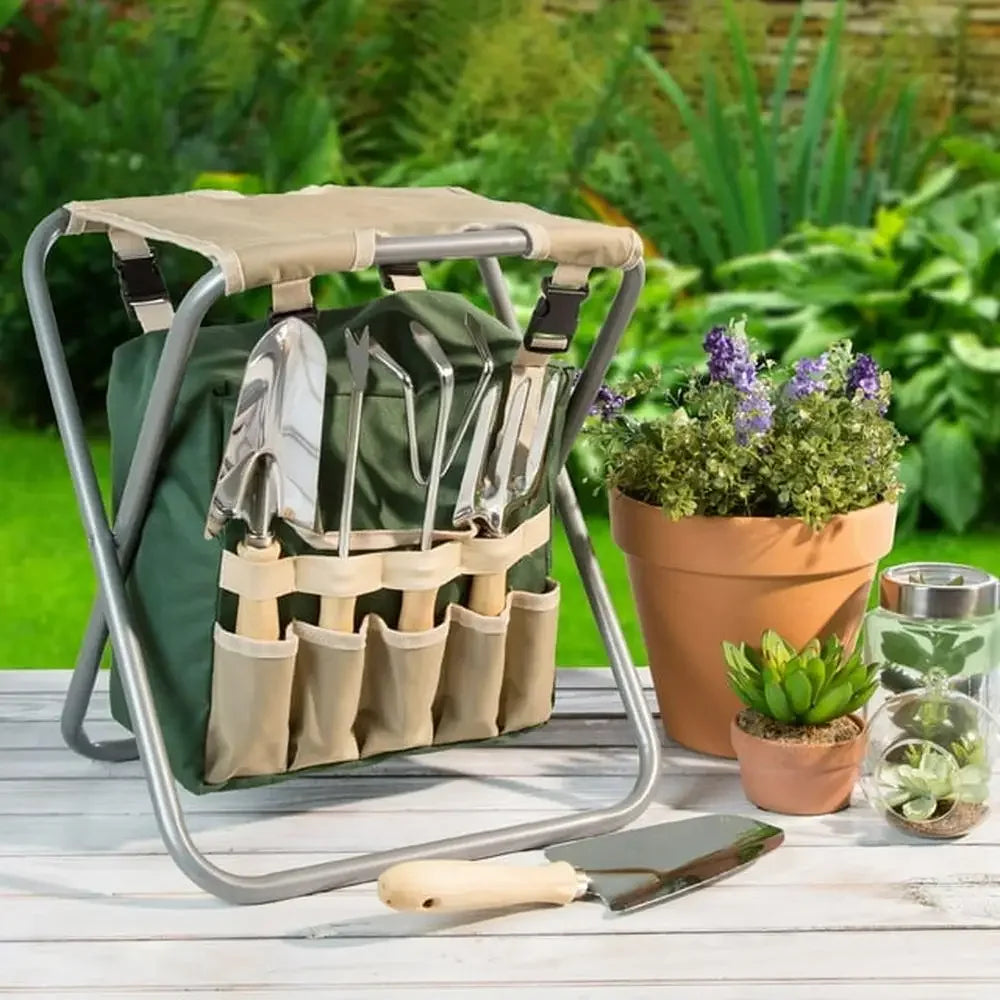 Garden Tool Set with Stool and Carry Bag 5 Rust-Resistant Tools Flower Beds and Vegetable Plants Durable Steel Frame Quick