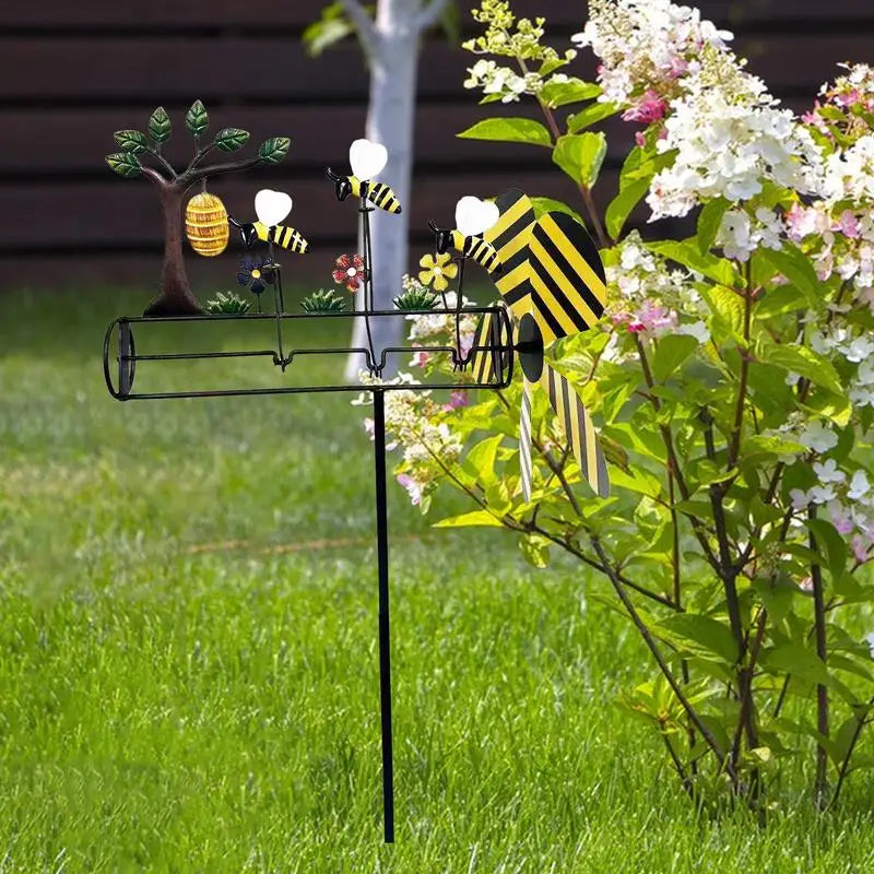 Bee Windmill Metal Lawn Ornament Three Little Bees Outdoor Yard Art Stake