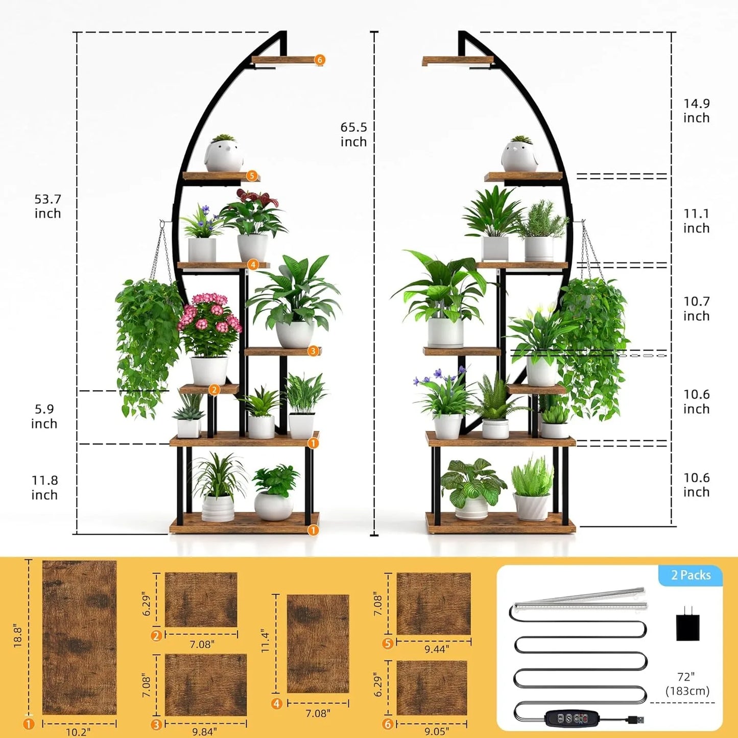 Tall Plant Stand Indoor w/ Grow Light, 7 Tiered Metal for Plants Multiple, Large Holder Display Shelf, Half-Moon Shape Rack