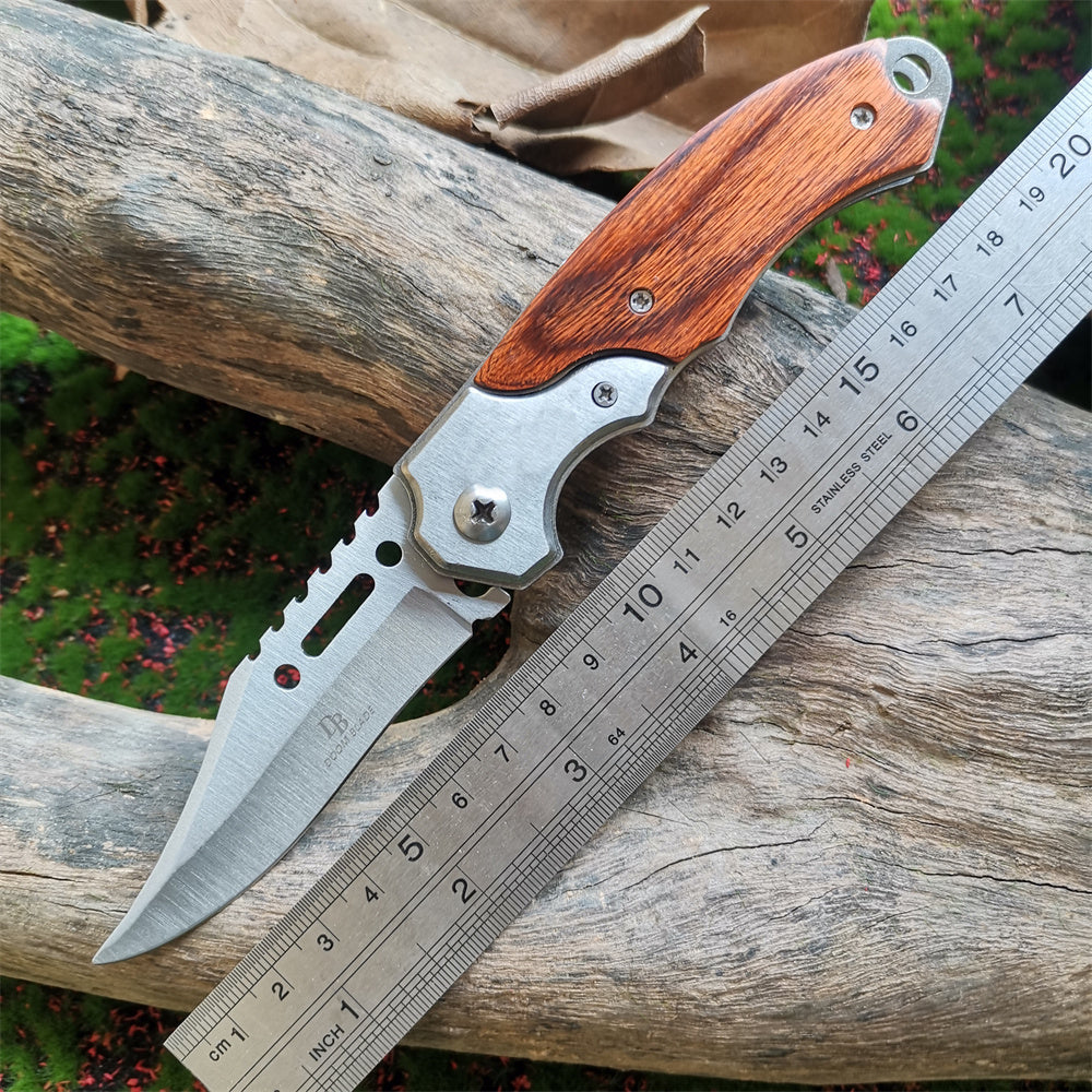 Tactical Folding Pocket Knife with Wood Handle - EDC Camping Survival Tool with LED Light - Multifunctional Self-defense knives