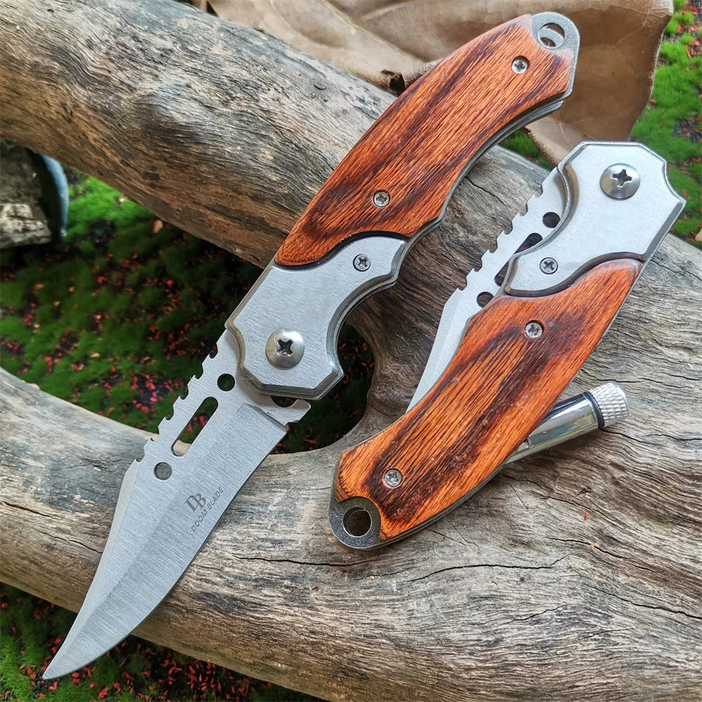 Tactical Folding Pocket Knife with Wood Handle - EDC Camping Survival Tool with LED Light - Multifunctional Self-defense knives