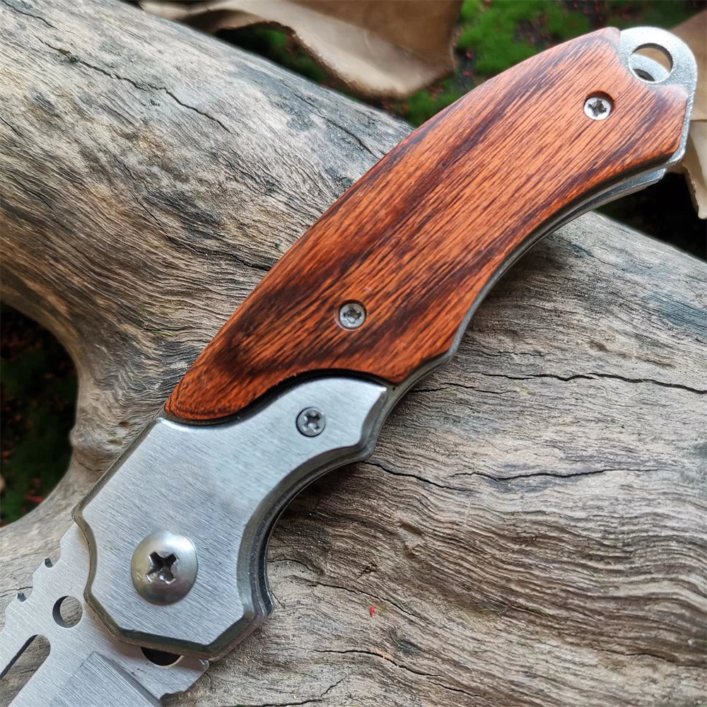 Tactical Folding Pocket Knife with Wood Handle - EDC Camping Survival Tool with LED Light - Multifunctional Self-defense knives