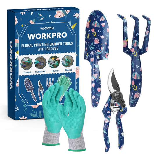 WORKPRO Aluminum Garden Tool Set  4PCS Heavy Duty Hand Garden Tools with Box Include Trowel, Rake, Pruner, Garden Gloves, Floral