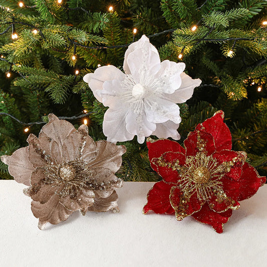 Glitter Artificial Christmas Flowers Xmas Tree Ornaments Merry Christmas Decorations For Home New Year Decor Navidad Gifts 2024