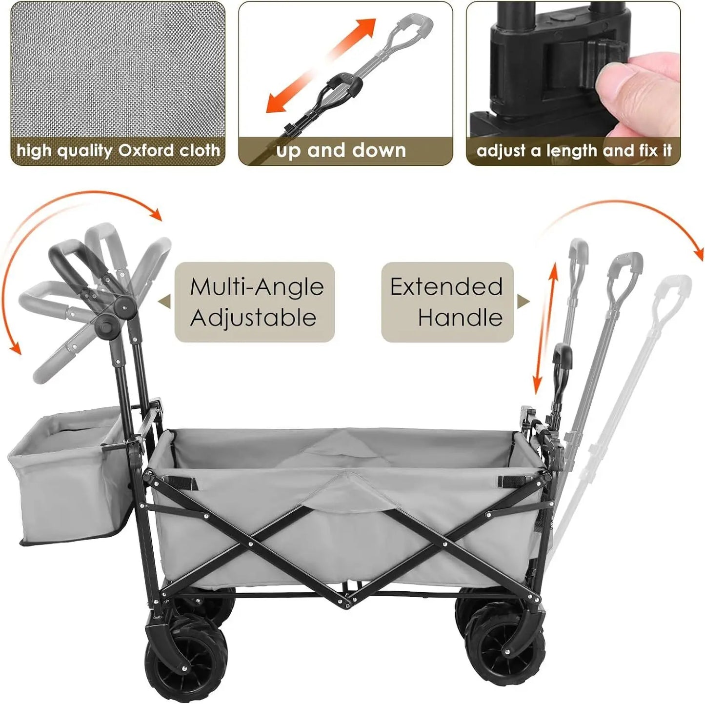 262L Collapsible Garden Cart Wagon with Removable Canopy, 115kg Capacity Push& Pull Utility Cart Off-road wheel