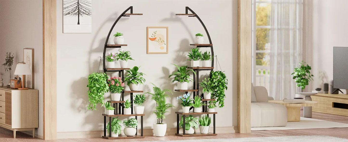 Tall Plant Stand Indoor w/ Grow Light, 7 Tiered Metal for Plants Multiple, Large Holder Display Shelf, Half-Moon Shape Rack