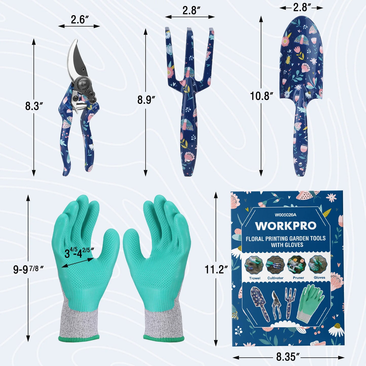 WORKPRO Aluminum Garden Tool Set  4PCS Heavy Duty Hand Garden Tools with Box Include Trowel, Rake, Pruner, Garden Gloves, Floral