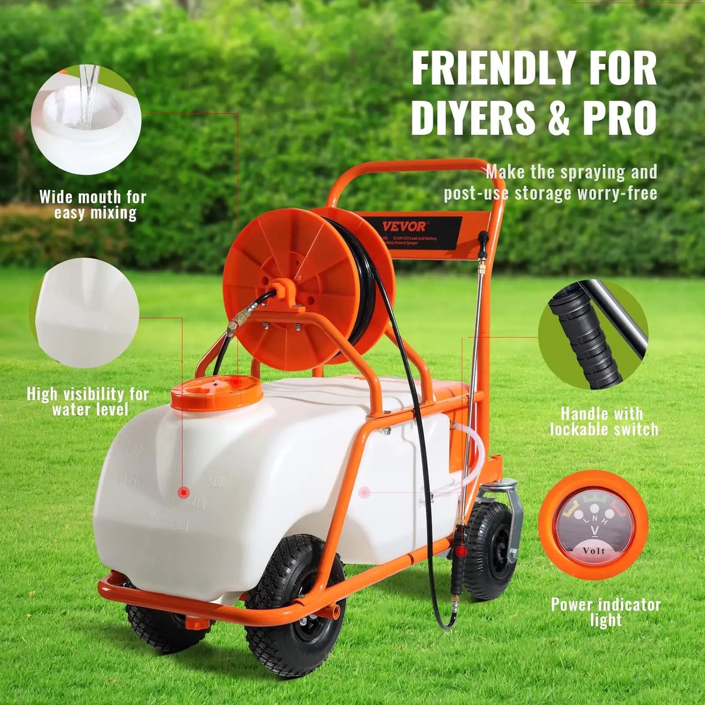 Battery Powered 15 Gallon Garden Weed Sprayer with Wheeled Cart 126FT Hose with Reel 8 Nozzles 2 Wands with Lock Trigger