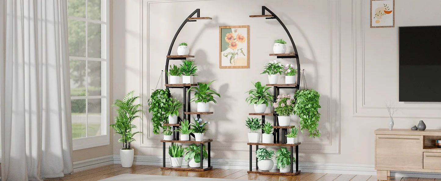 Tall Plant Stand Indoor w/ Grow Light, 7 Tiered Metal for Plants Multiple, Large Holder Display Shelf, Half-Moon Shape Rack