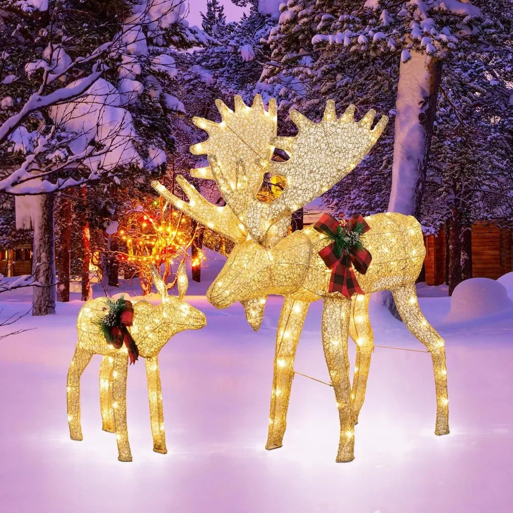 Lighting for Christmas Reindeer Family, Pre Installed with Golden Christmas Decoration Deer, Equipped with Warm White LED Lights