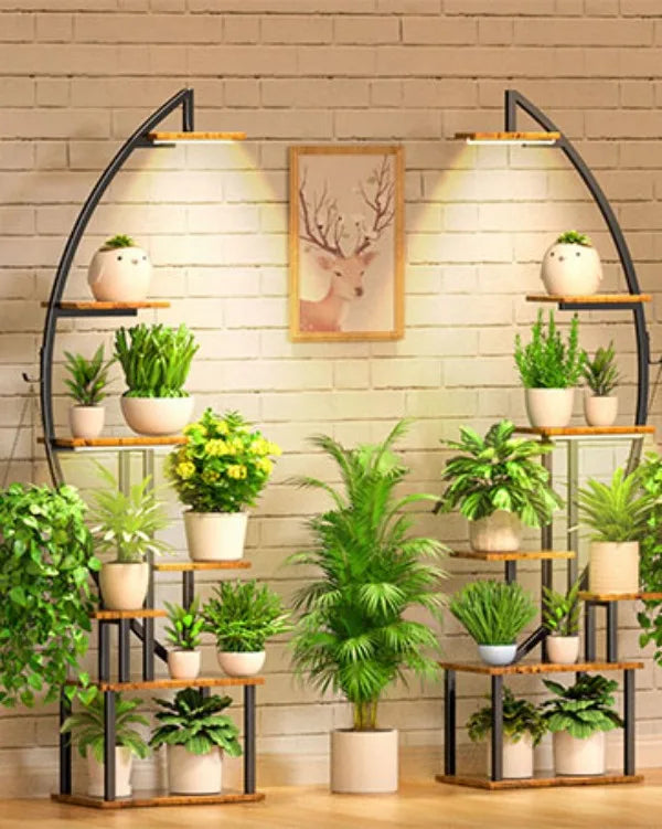 Tall Plant Stand Indoor w/ Grow Light, 7 Tiered Metal for Plants Multiple, Large Holder Display Shelf, Half-Moon Shape Rack