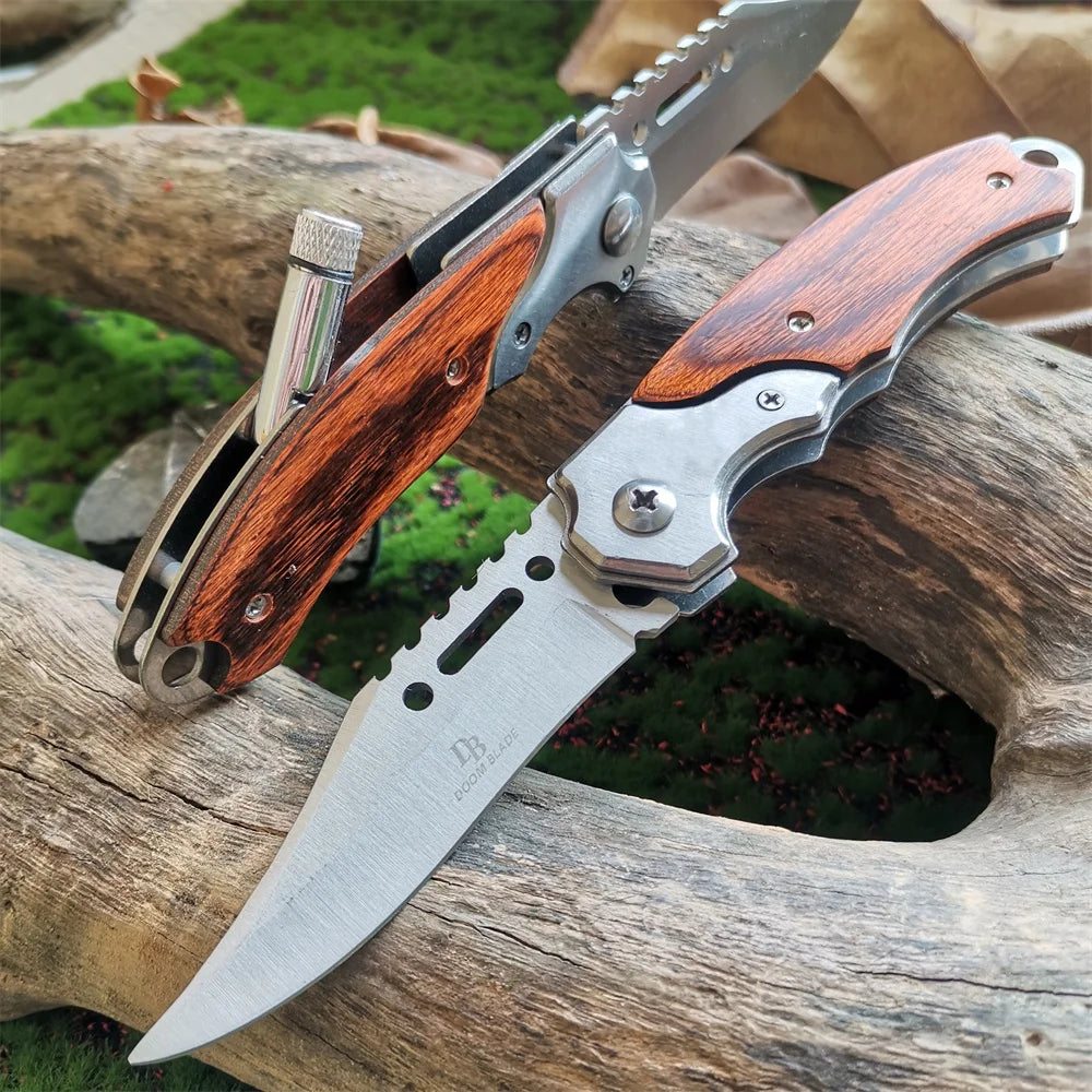 Tactical Folding Pocket Knife with Wood Handle - EDC Camping Survival Tool with LED Light - Multifunctional Self-defense knives