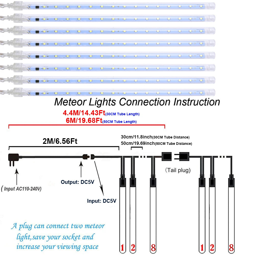 8 Tubes LED Meteor Shower Rain Lights Cascading Icicle Snow Falling Christmas Lights Outdoor Wedding Party Tree Holiday Decor