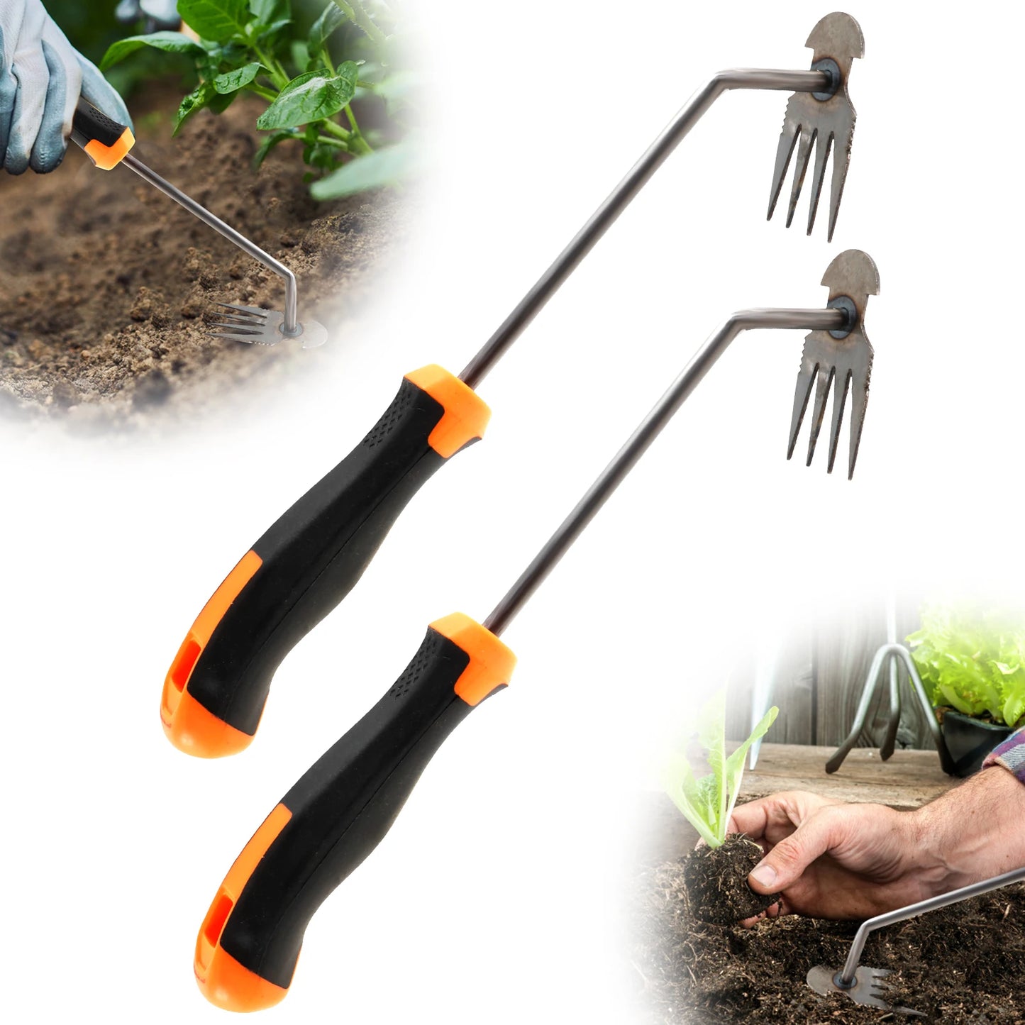 2 In 1 Garden Hoe Long Handle Manual Uprooting Weeding Rake 4 Teeth Weeding Artifact for Gardening Weed Puller Tools 2/10Pcs