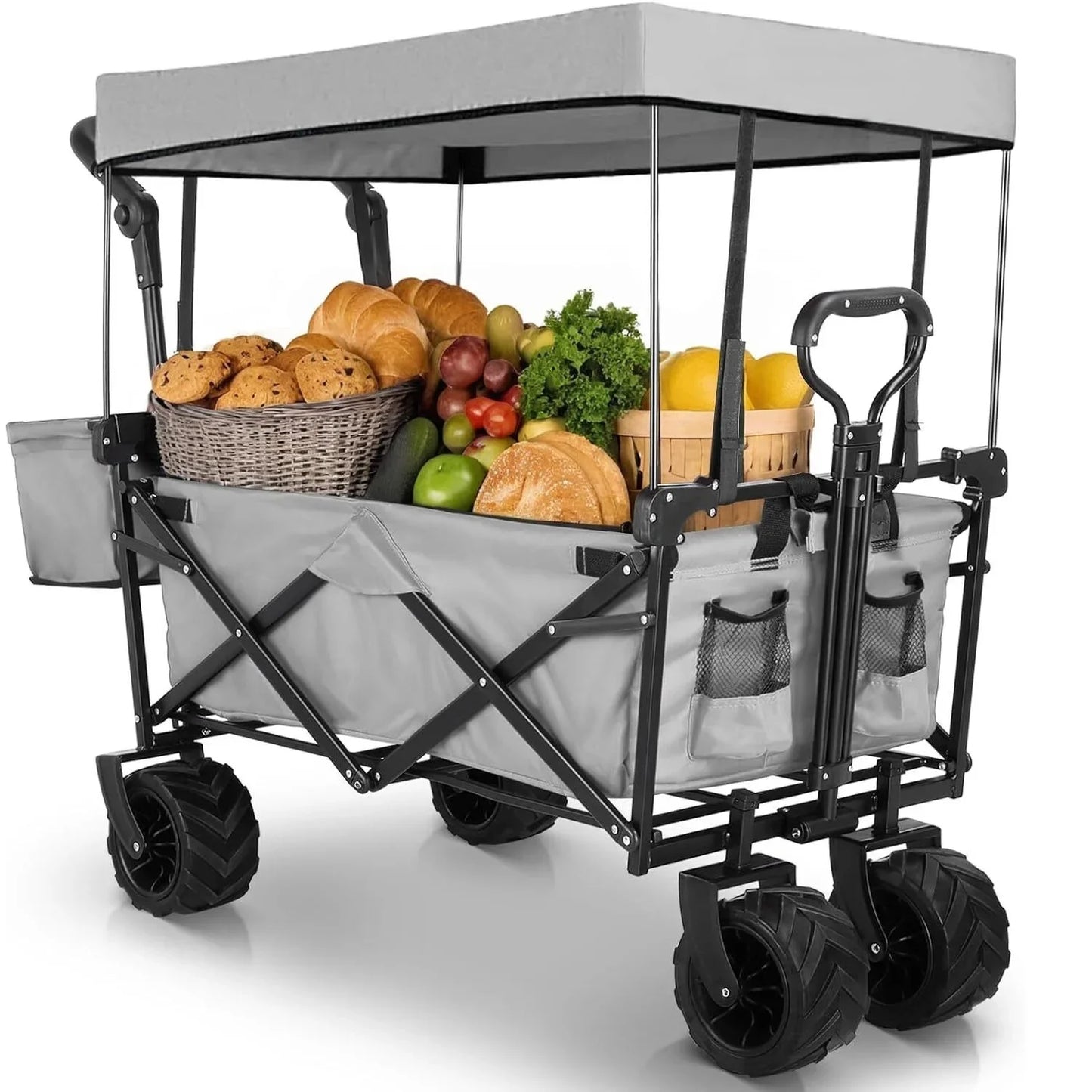 262L Collapsible Garden Cart Wagon with Removable Canopy, 115kg Capacity Push& Pull Utility Cart Off-road wheel