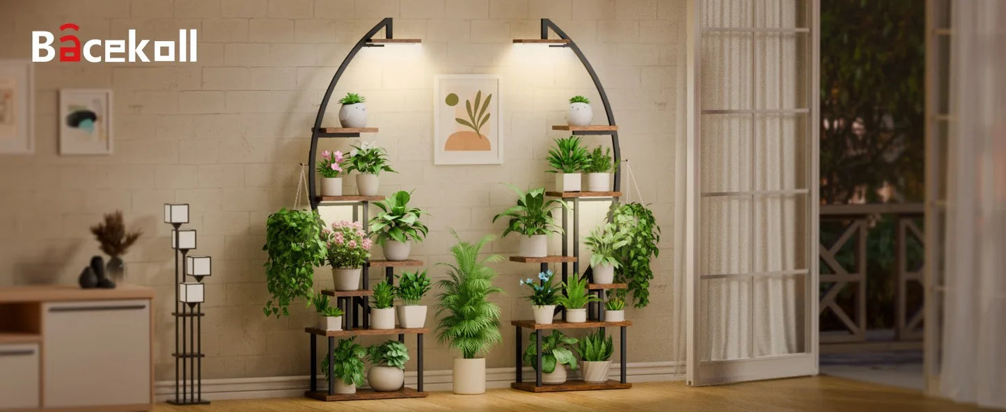 Tall Plant Stand Indoor w/ Grow Light, 7 Tiered Metal for Plants Multiple, Large Holder Display Shelf, Half-Moon Shape Rack